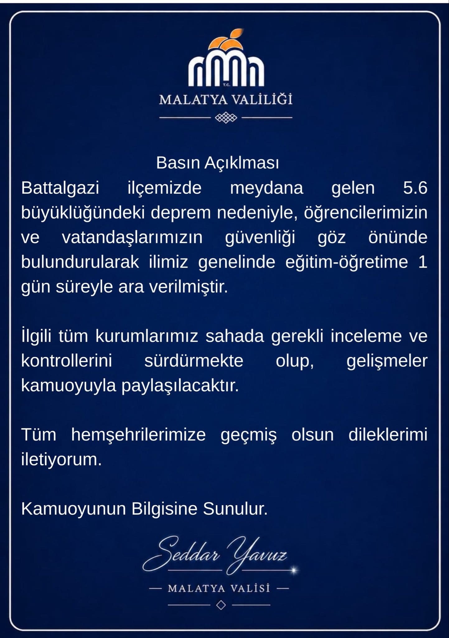 Son Dakika: Malatya Valisi Seddar Yavuz Açıkladı! Okullar 1 Gün Tatil Edildi 1