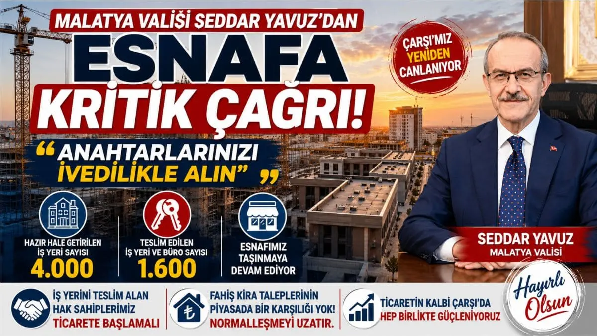 Malatya Valisi’nden Çarşı Esnafına Çağrı: “1.600 İş Yeri Teslim Edildi, Anahtarlarınızı Alın” Malatya Valisi Seddar Yavuz, sosyal medya hesabından yaptığı açıklamada çarşıdaki